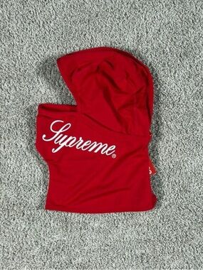 Supreme Red Hooded Face Mask with White Tag